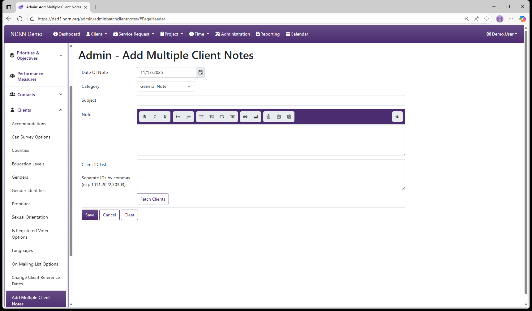 Add Multiple Client Notes admin page screenshot