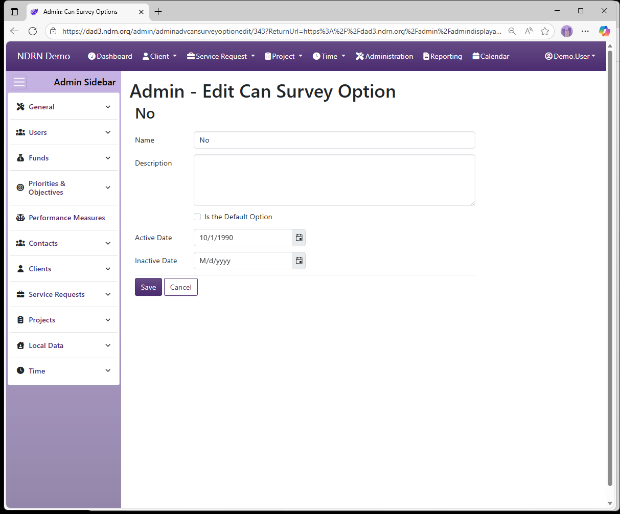 Screenshot of Clients Can Survey Options Form