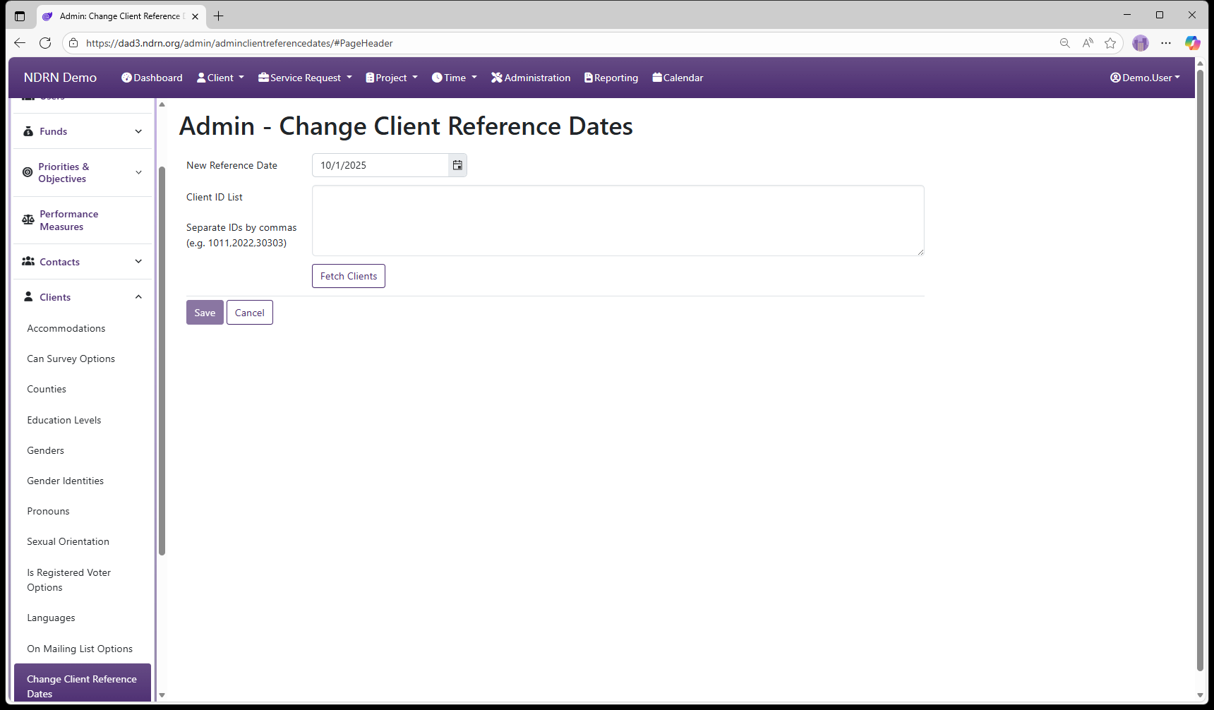 Change Client Reference Dates admin page screenshot