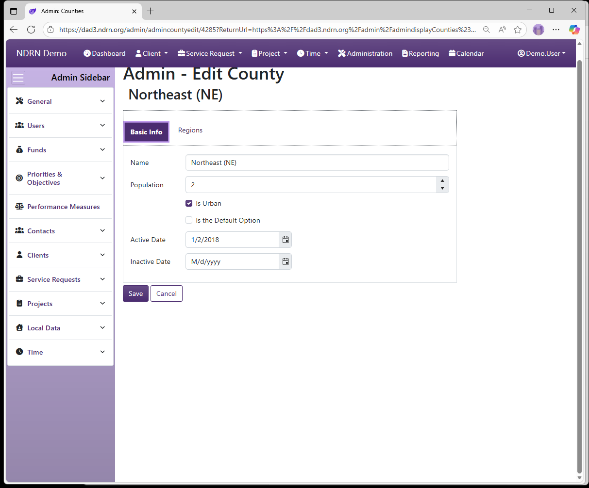 Screenshot of Clients Counties Form Basic Info tab