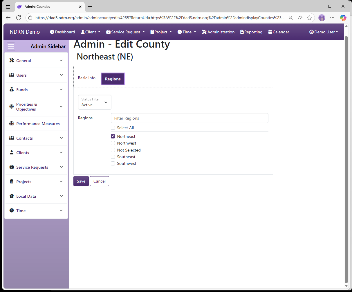 Screenshot of Clients Counties Form Regions tab