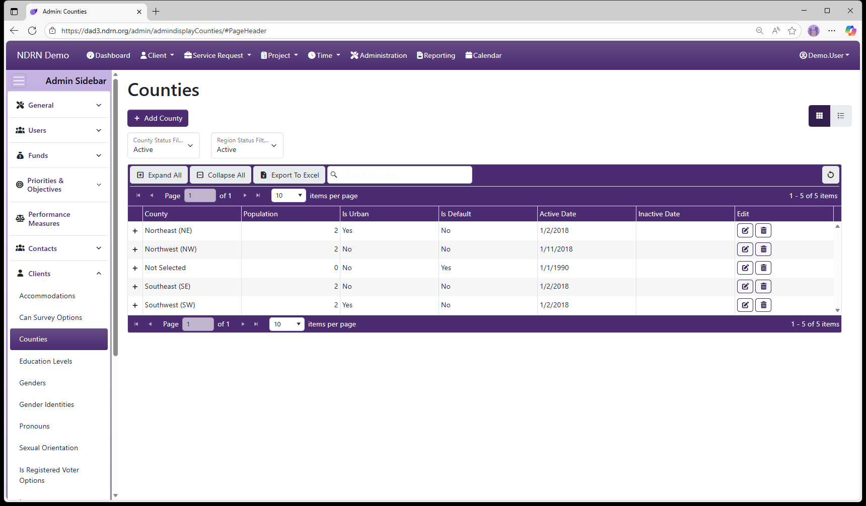 Counties admin page screenshot