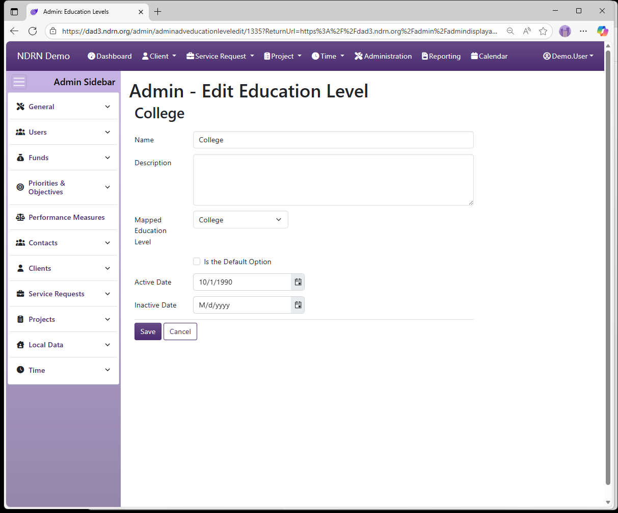 Screenshot of Clients Education Levels Form