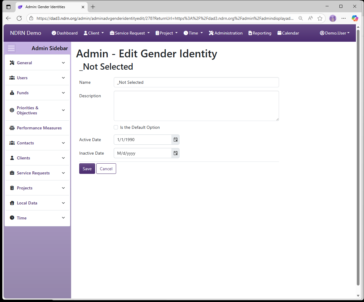 Screenshot of Clients Gender Identities Form