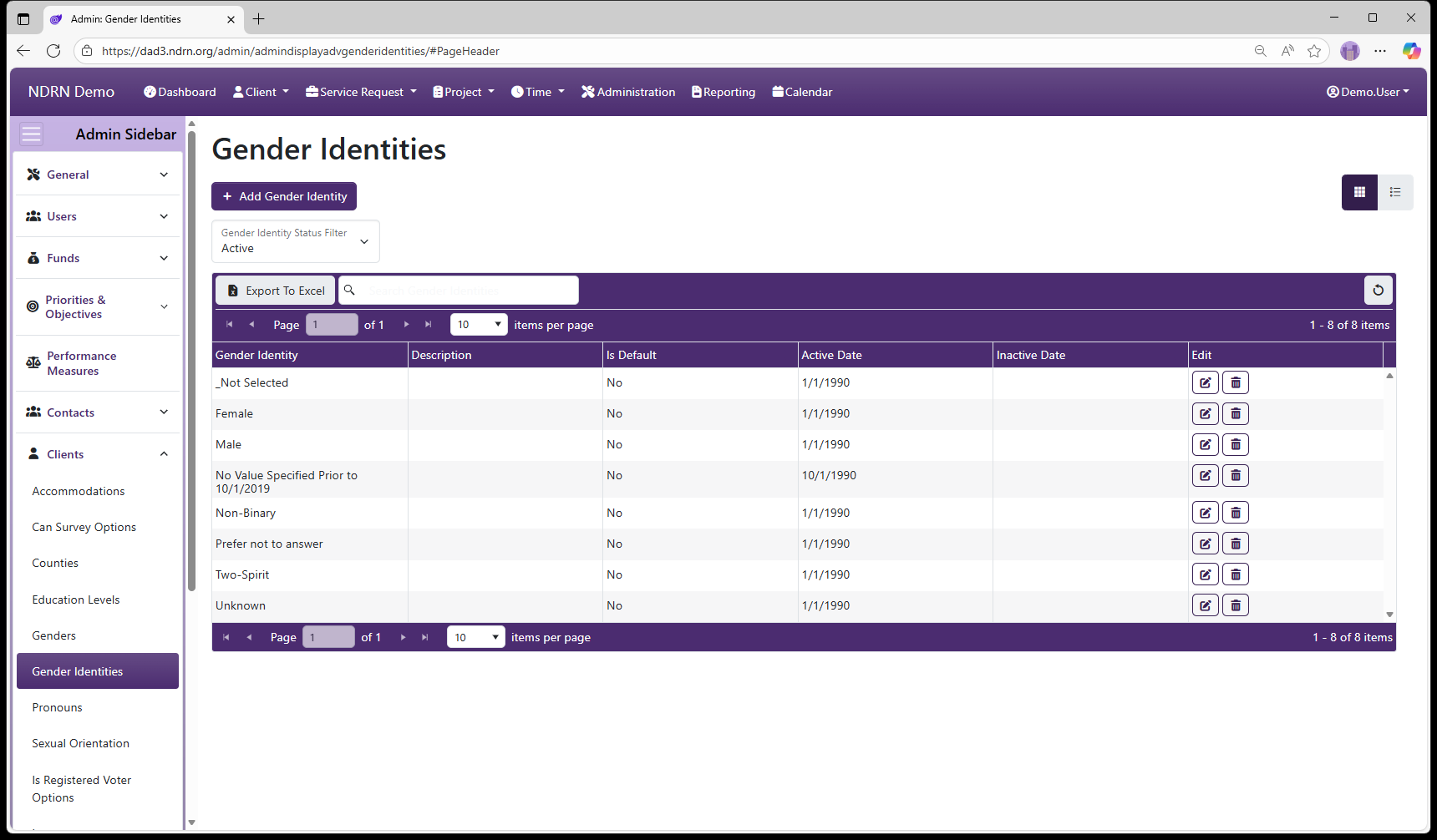 Gender Identities admin page screenshot