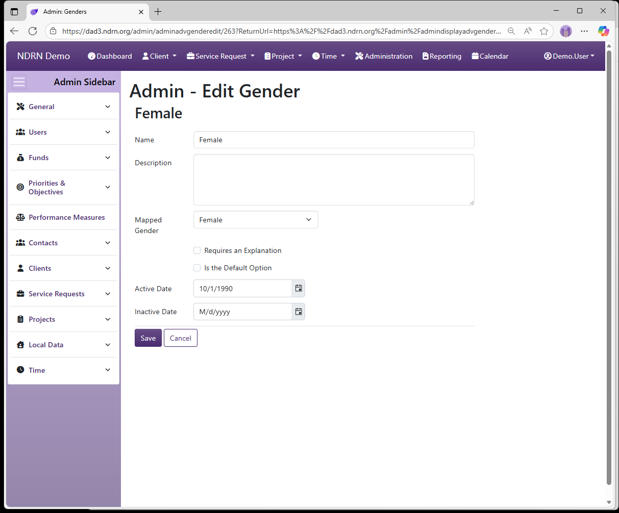 Screenshot of Clients Genders Form
