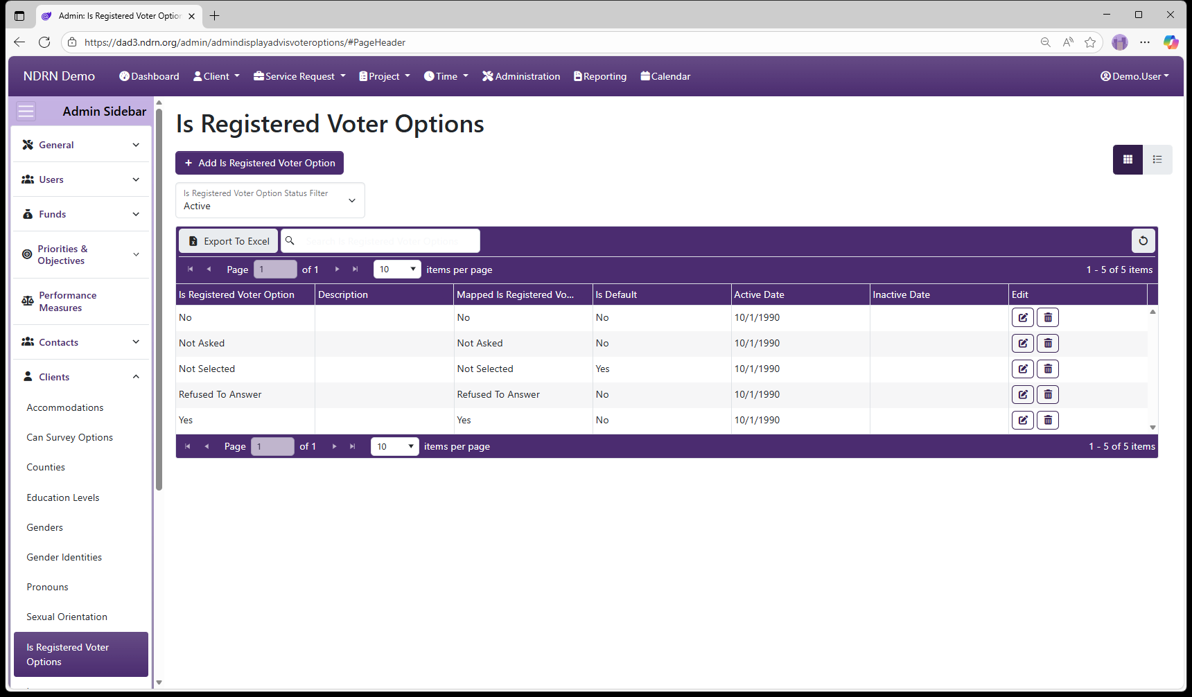 Is Registered Voter Options admin page screenshot