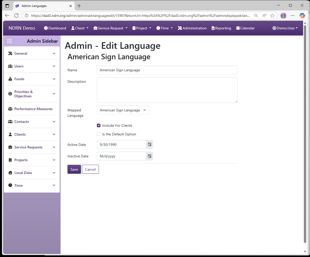 Screenshot of Clients Languages Form