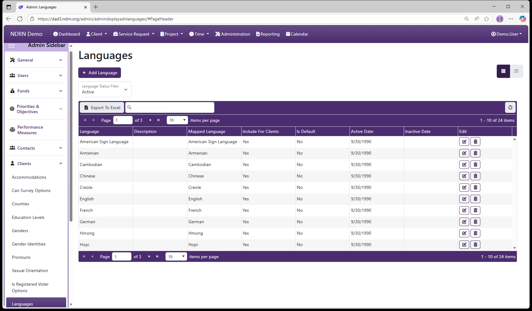 Languages admin page screenshot