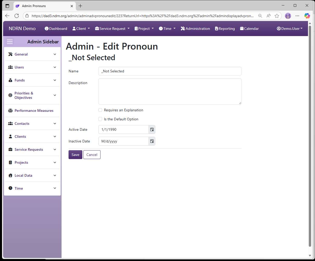 Screenshot of Clients Pronouns Form