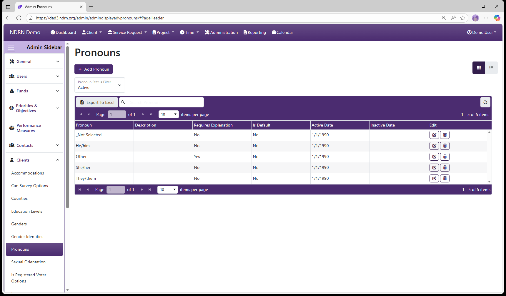 Pronouns admin page screenshot