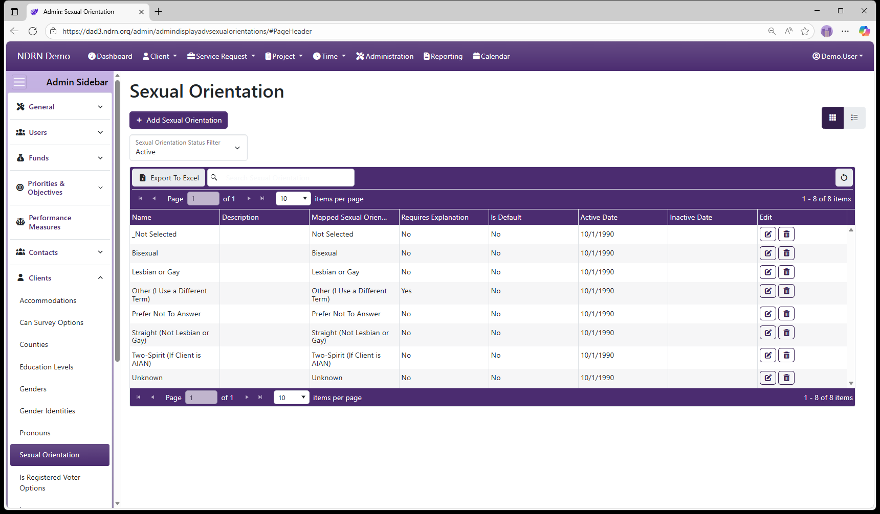 Sexual Orientation admin page screenshot
