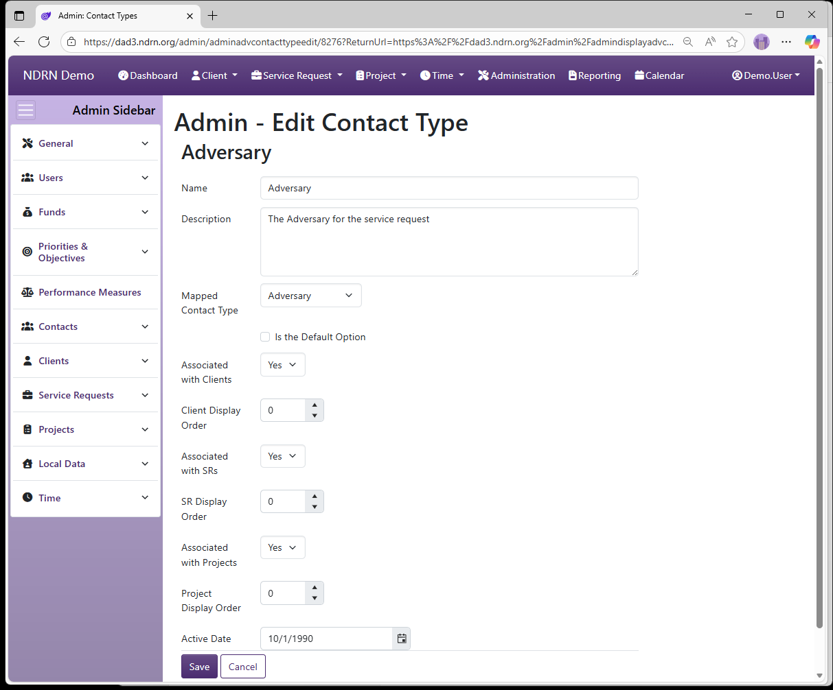 Screenshot of Contacts Contact Types Form
