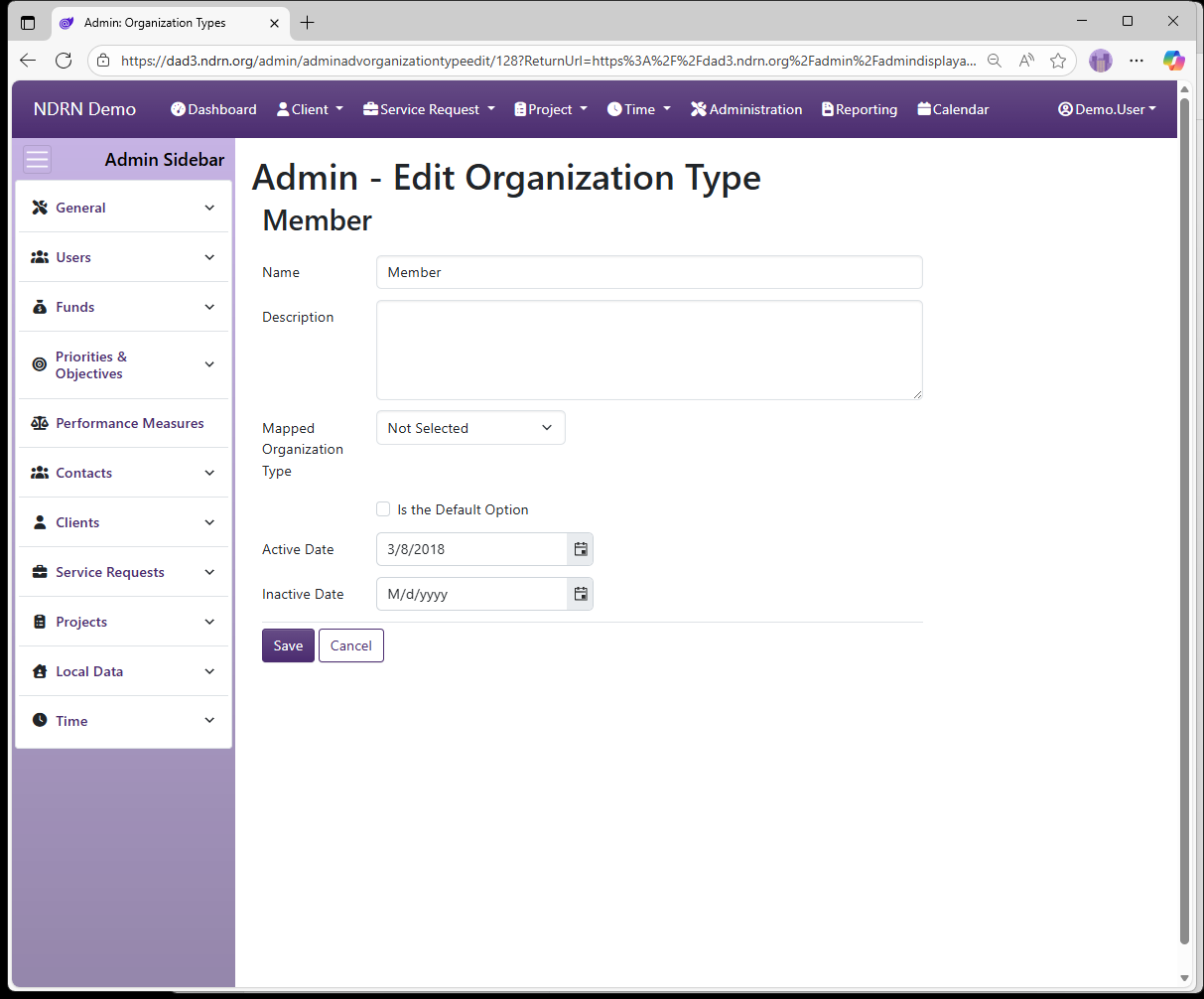 Screenshot of Contacts Organization Types Form