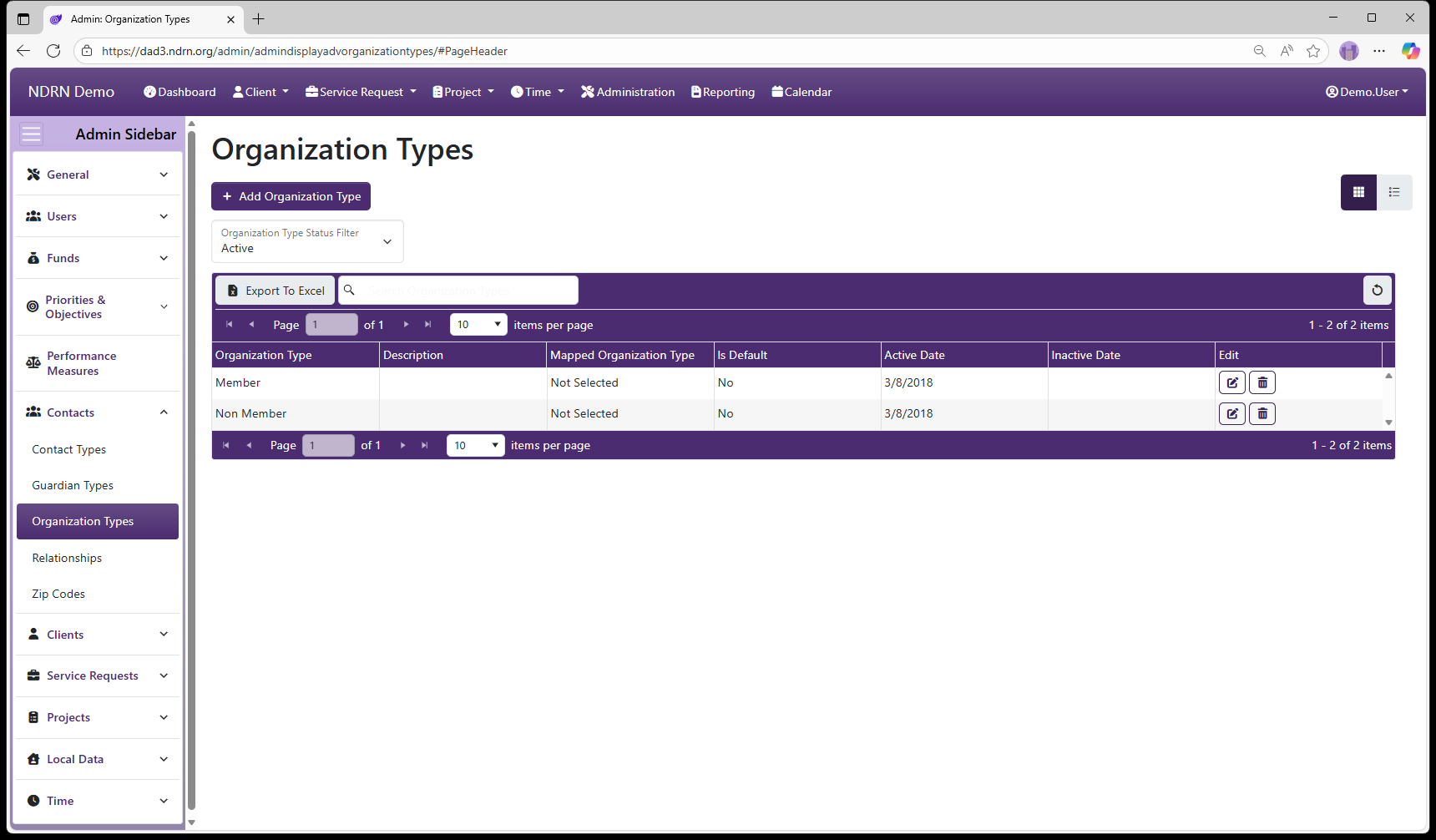 Organization Types admin page screenshot