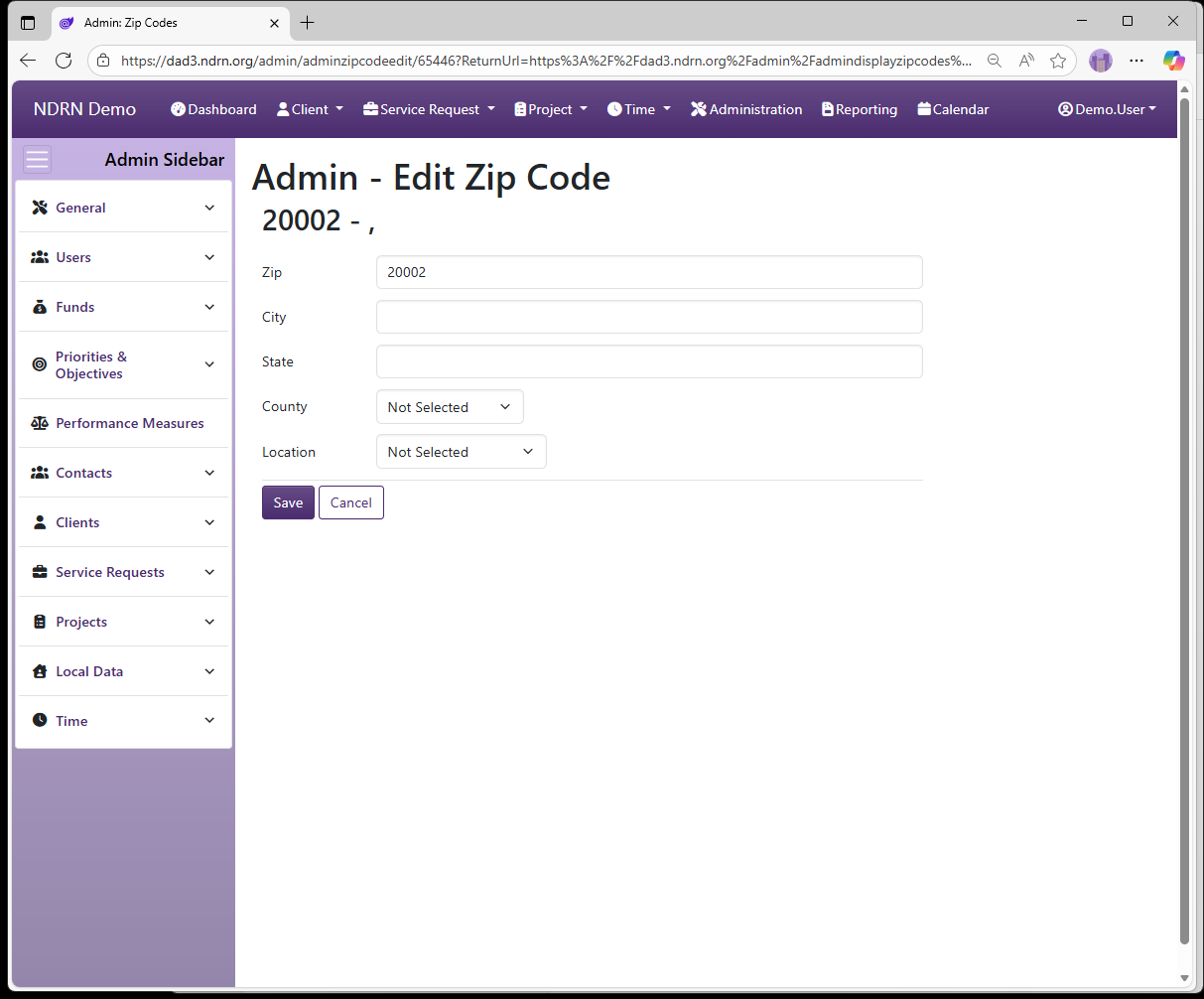 Screenshot of Contacts Zip Codes Form