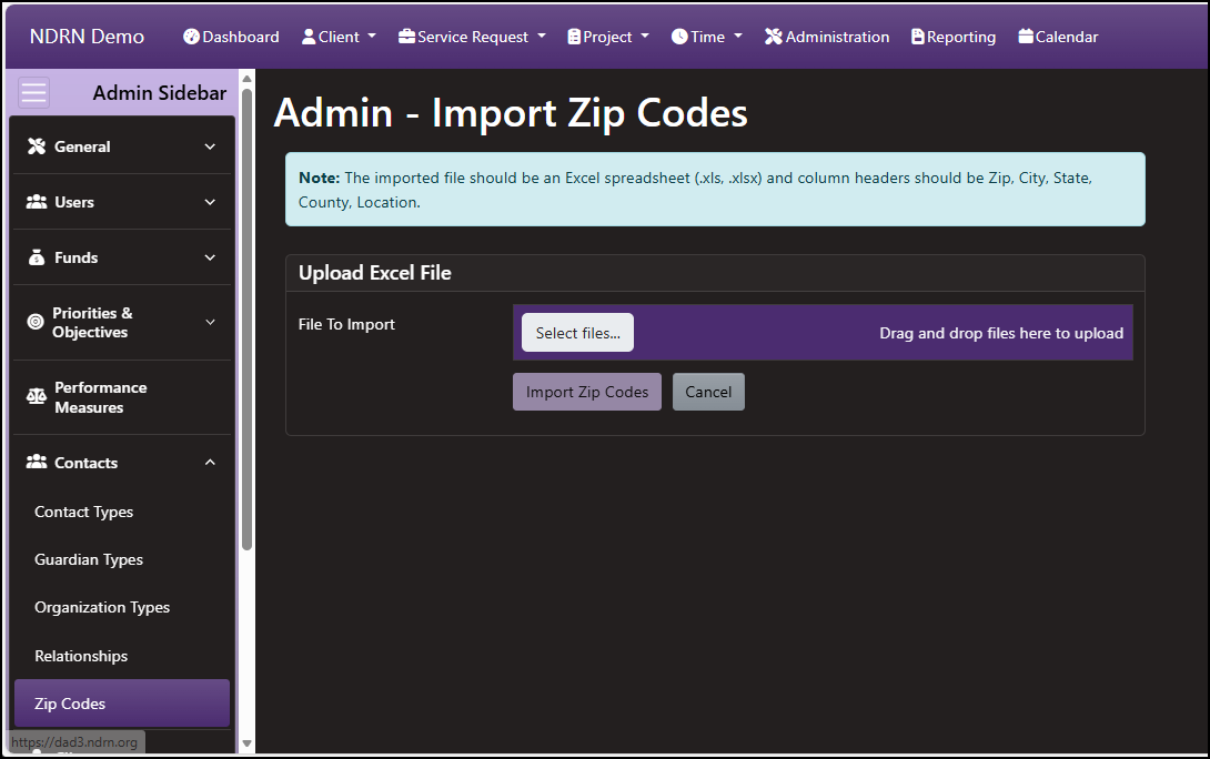 Screenshot of Contacts Import Zip Codes Form