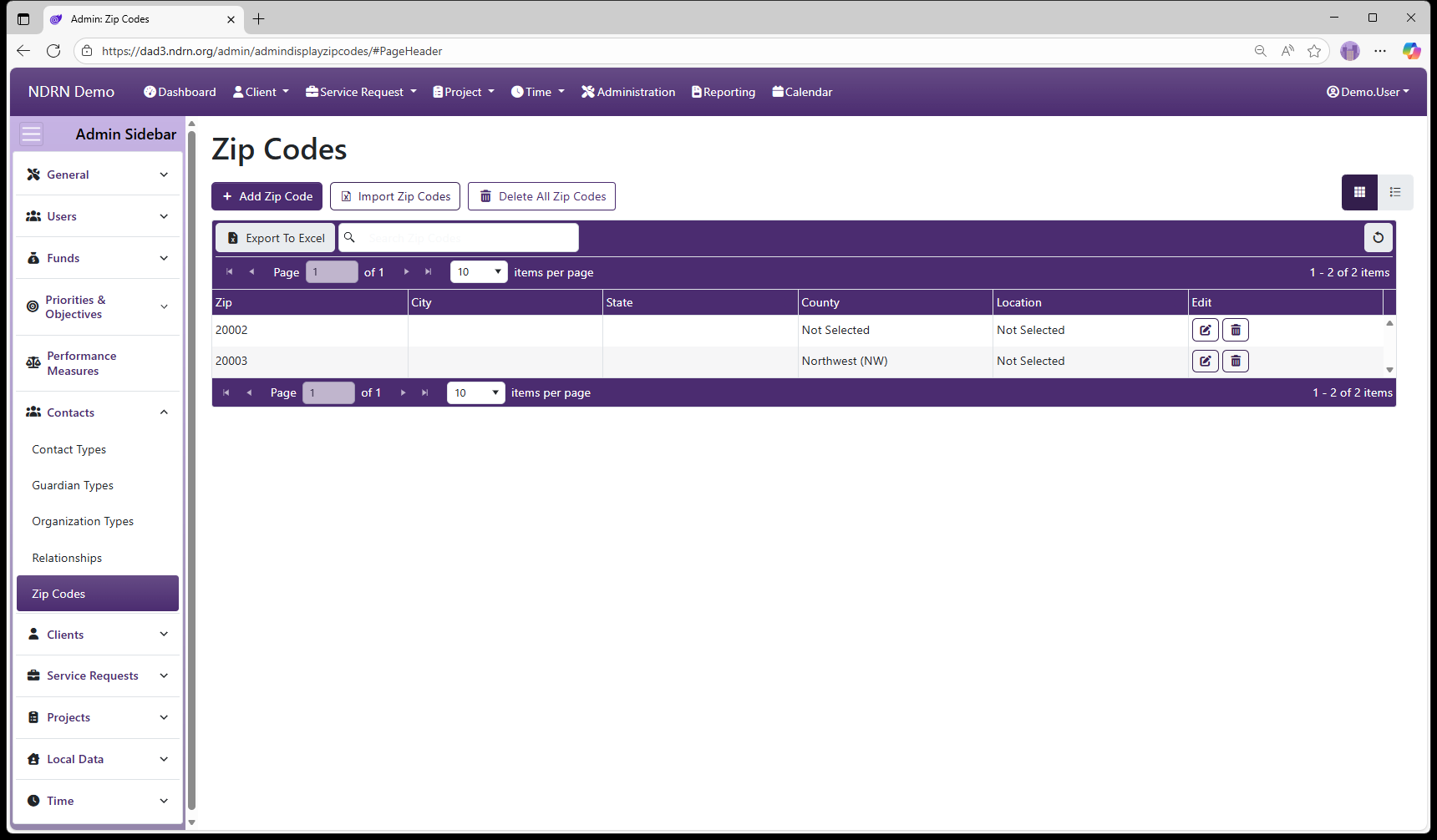 Zip Codes admin page screenshot