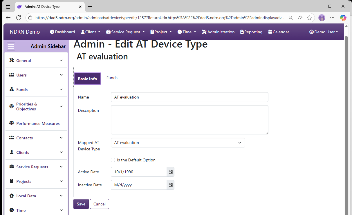 Screenshot of Funds AT Device Types Form Basic Info tab