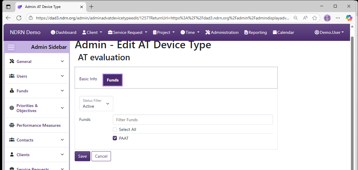 Screenshot of Funds AT Device Types Form Funds tab
