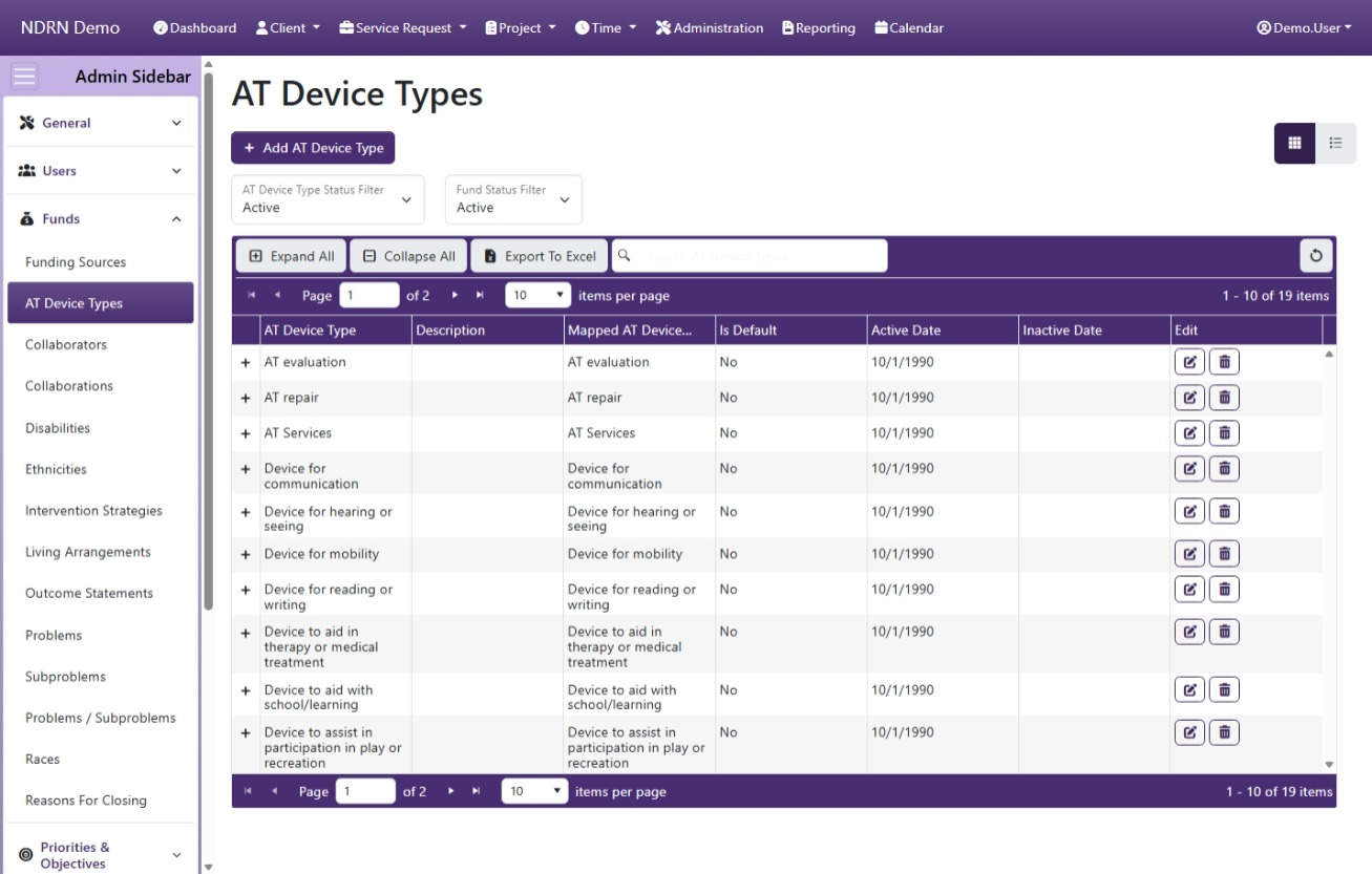 AT Device Types admin page screenshot