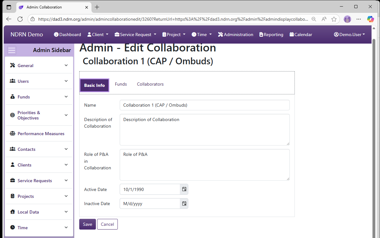 Screenshot of Funds Collaborations Form Basic Info tab
