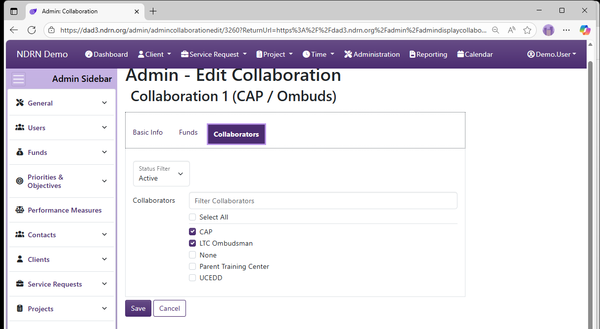 Screenshot of Funds Collaborations Form Collaborators tab