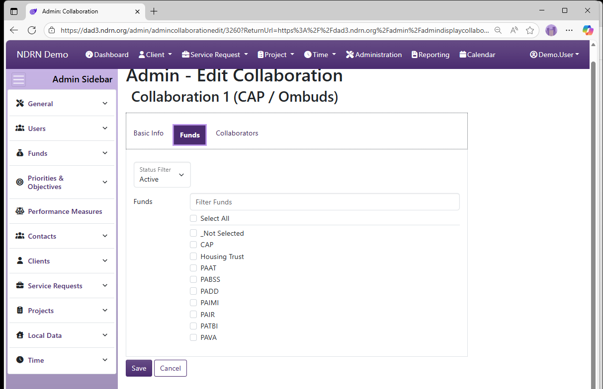 Screenshot of Funds Collaborations Form Funds tab