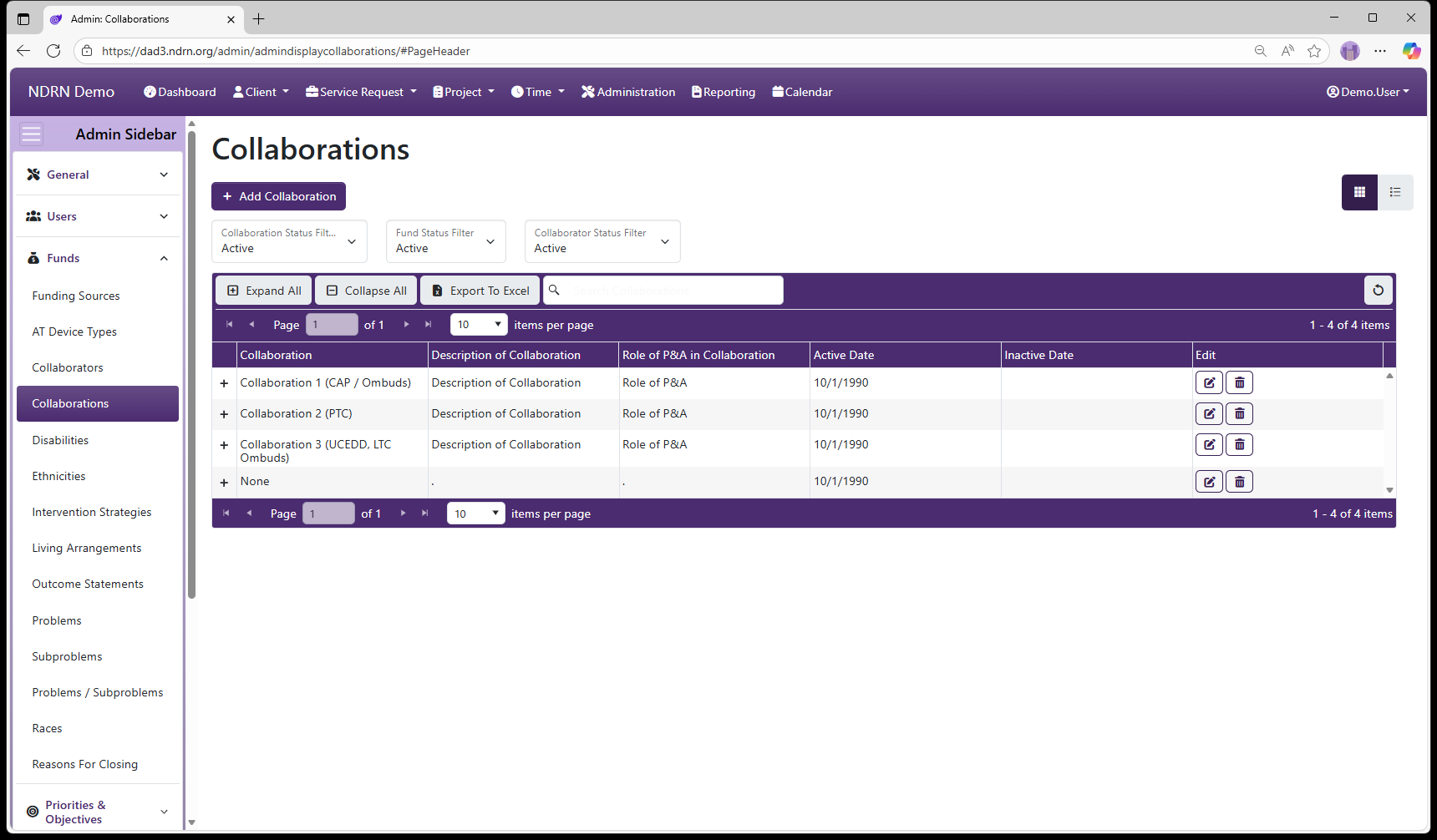 Collaborations admin page screenshot
