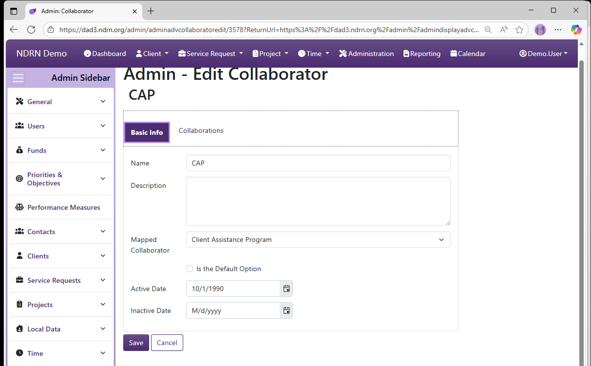 Screenshot of Funds Collaborators Form Basic Info tab