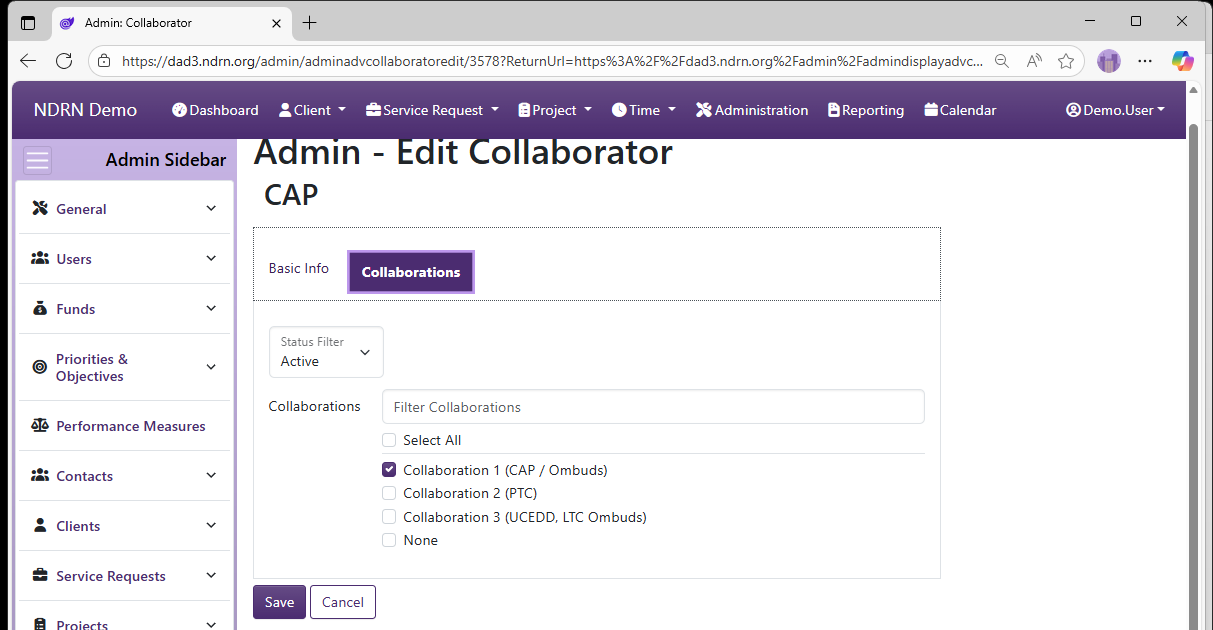 Screenshot of Funds Collaborators Form Collaborations tab