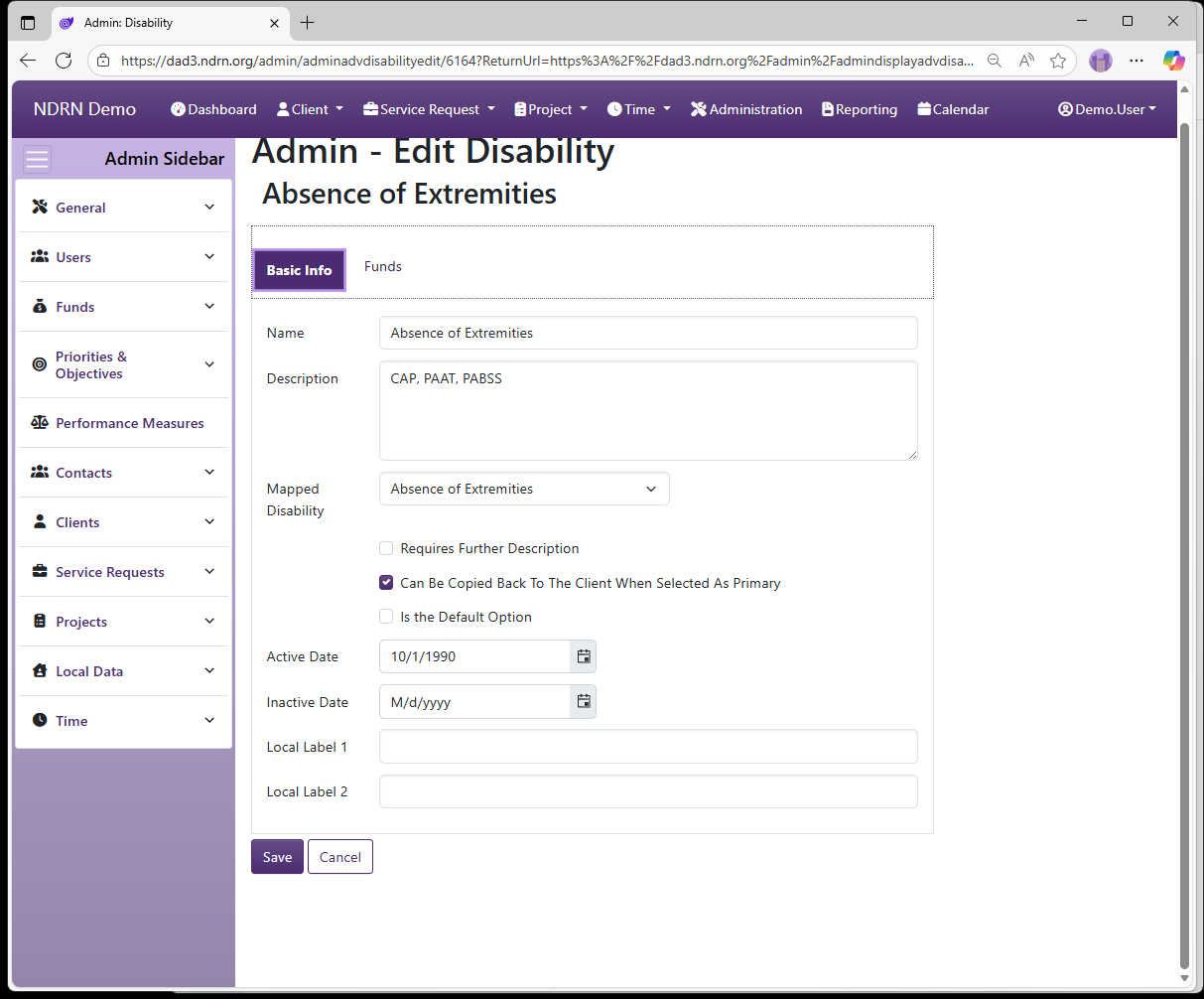 Screenshot of Funds Disabilities Form Basic Info tab