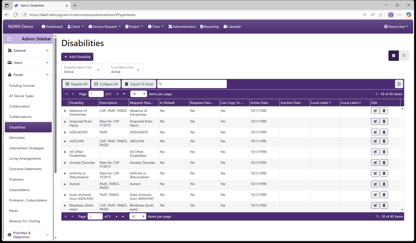 Disabilities admin page screenshot