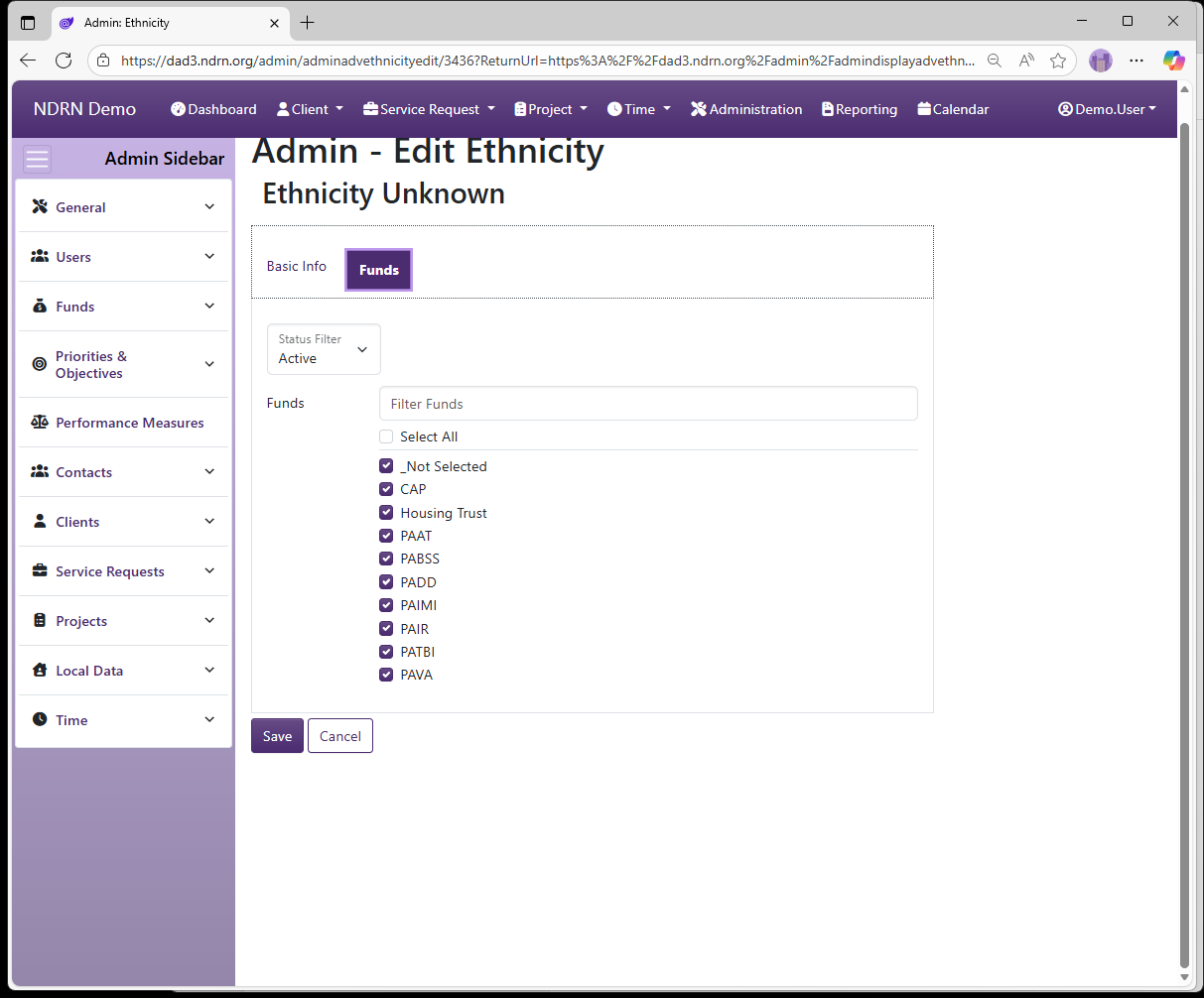 Screenshot of Funds Ethnicities Form Funds tab
