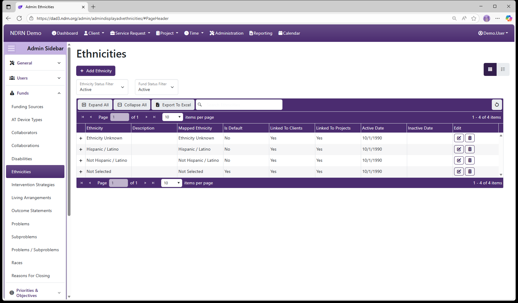 Ethnicities admin page screenshot