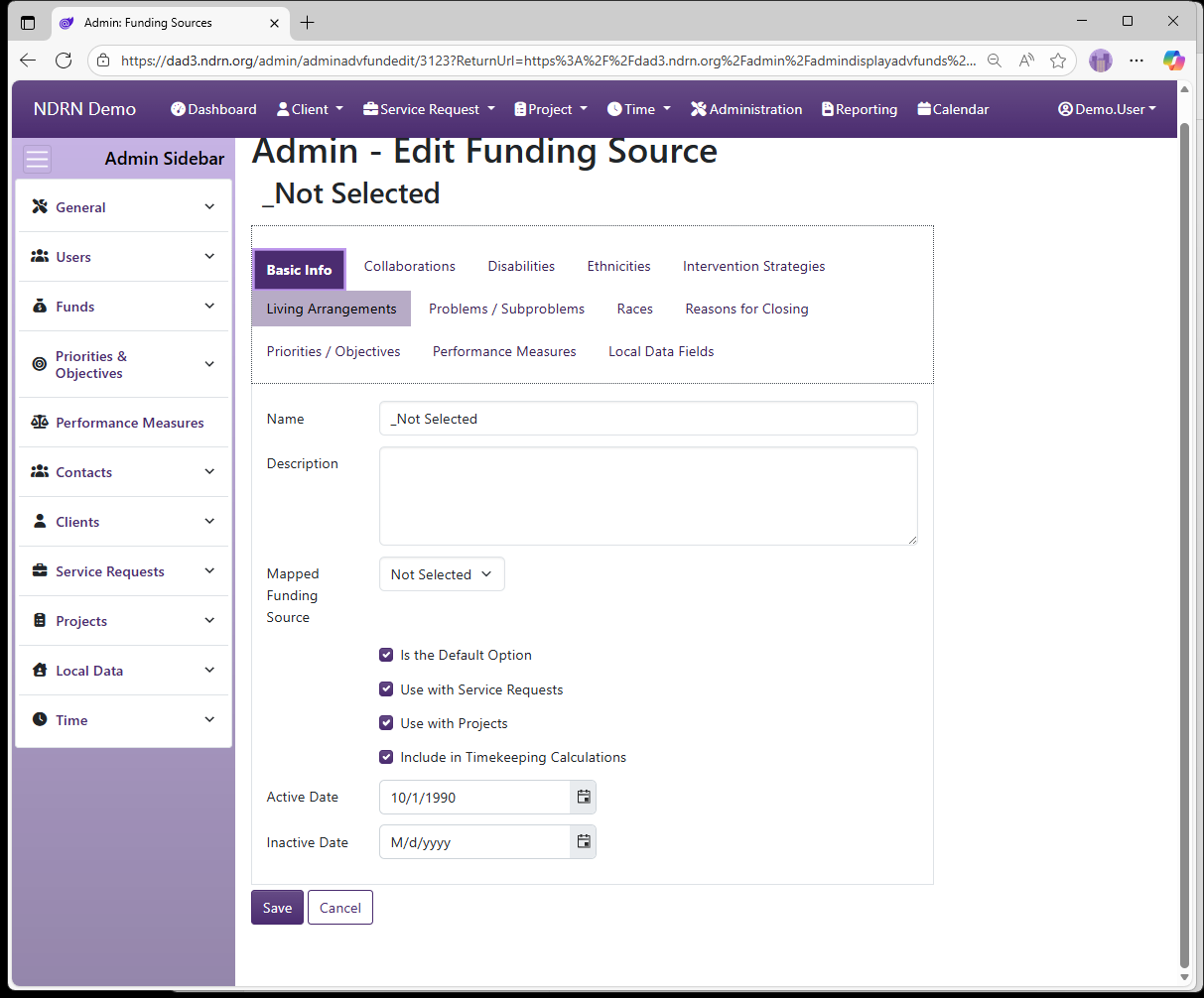 Screenshot of Funds Funding Sources Form Basic Info tab
