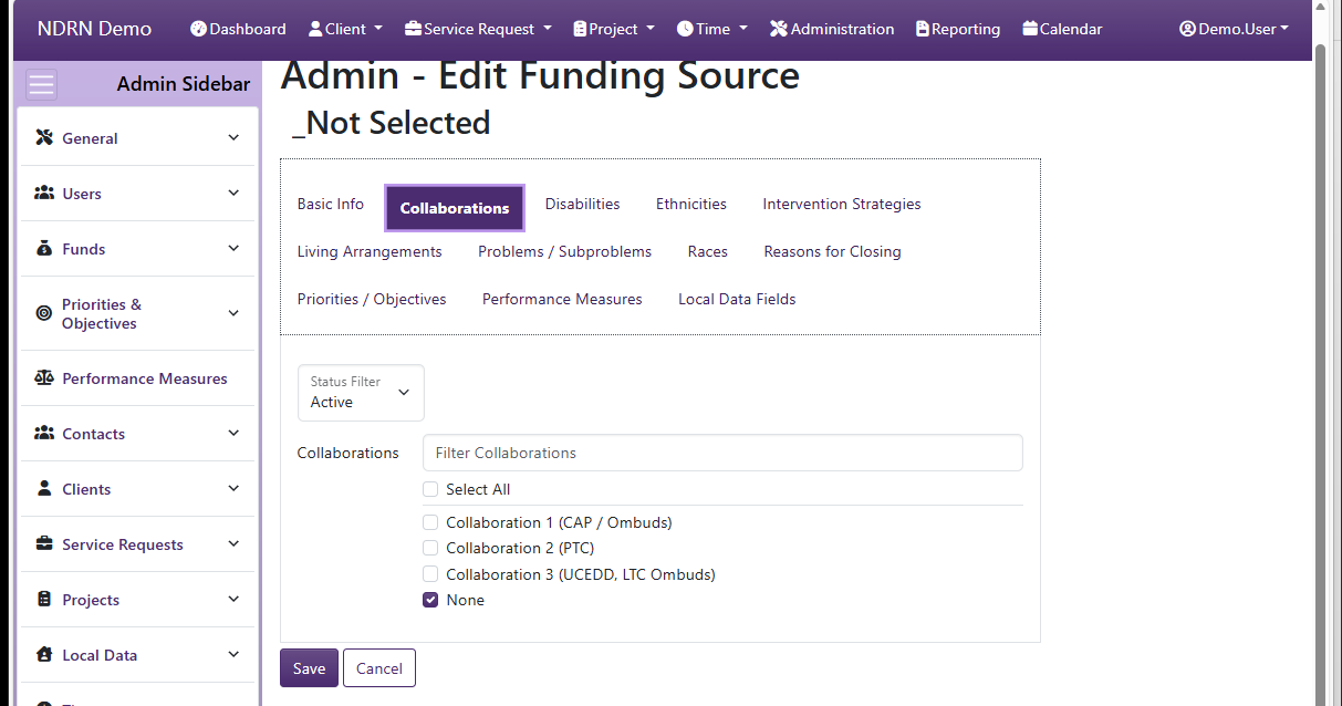 Screenshot of Funds Funding Sources Form Collaborations tab