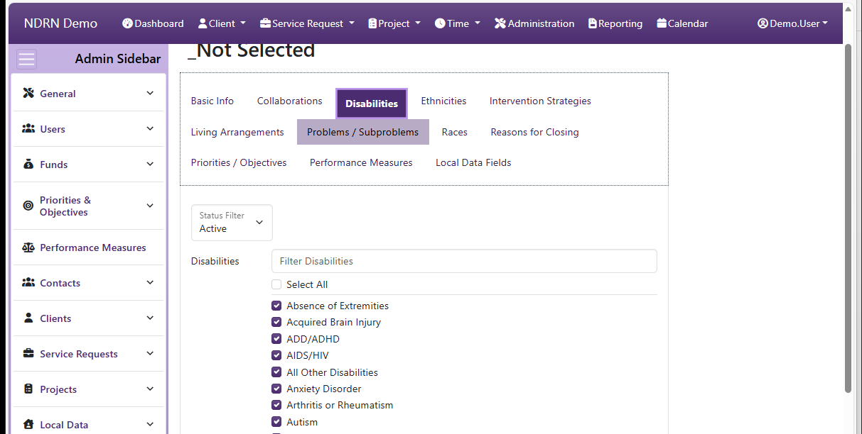 Screenshot of Funds Funding Sources Form Disabilities tab