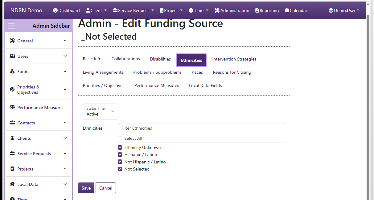 Screenshot of Funds Funding Sources Form Ethnicities tab