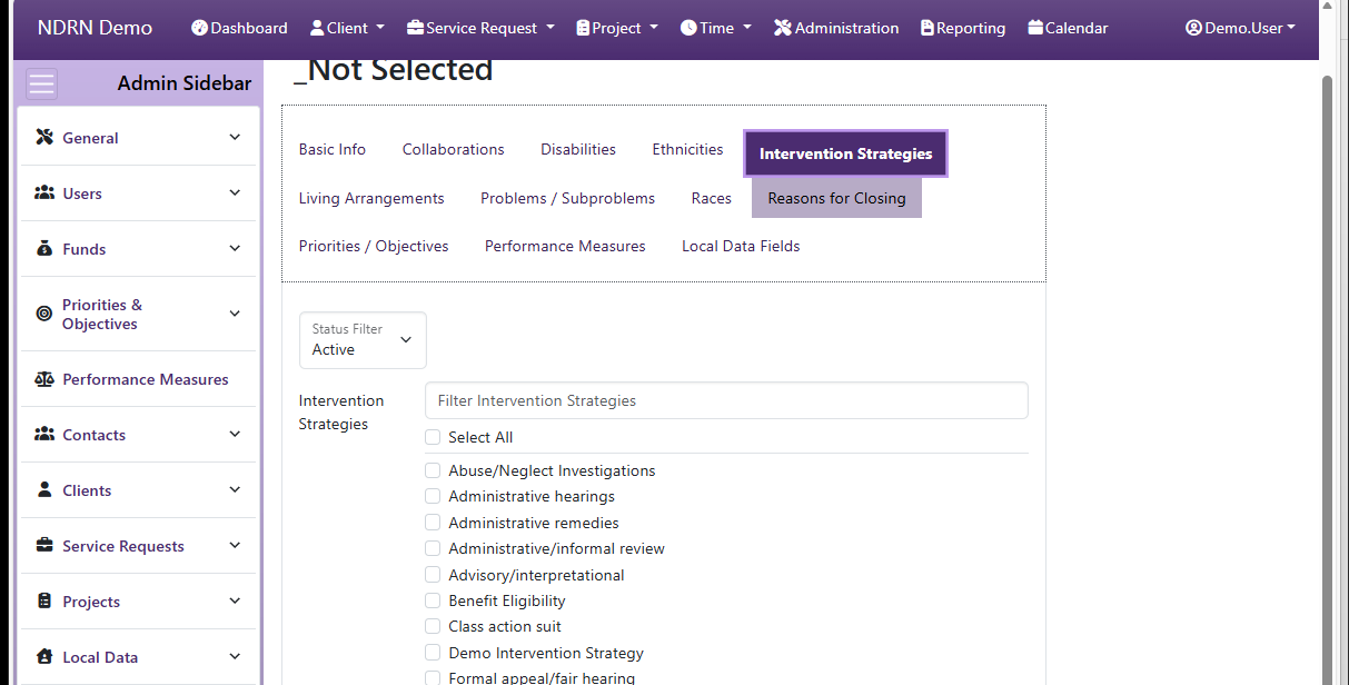 Screenshot of Funds Funding Sources Form Intervention Strategies tab
