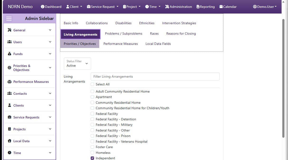 Screenshot of Funds Funding Sources Form Living Arrangements tab