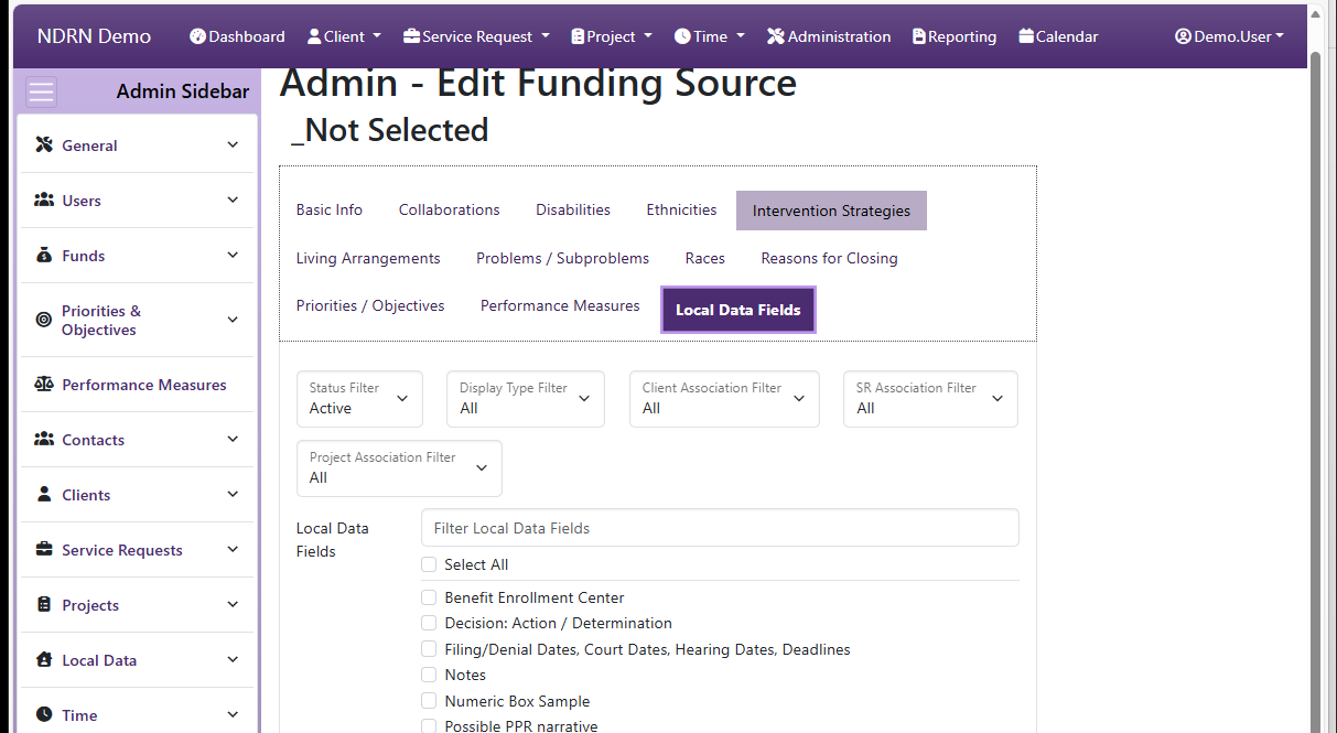 Screenshot of Funds Funding Sources Form Local Data Fields tab