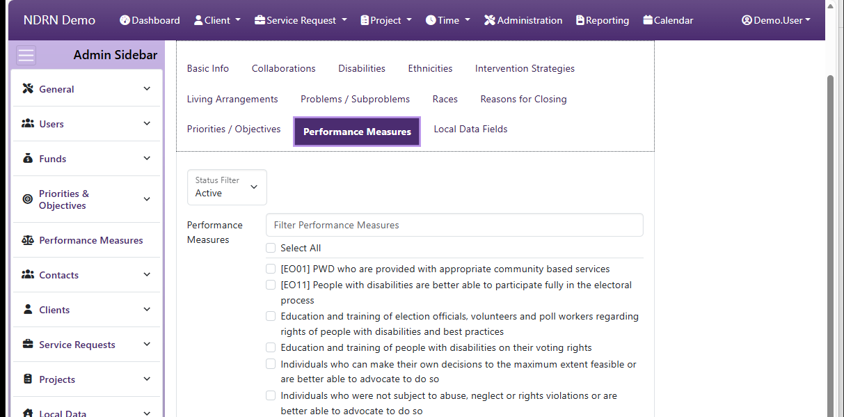 Screenshot of Funds Funding Sources Form Performance Measures tab