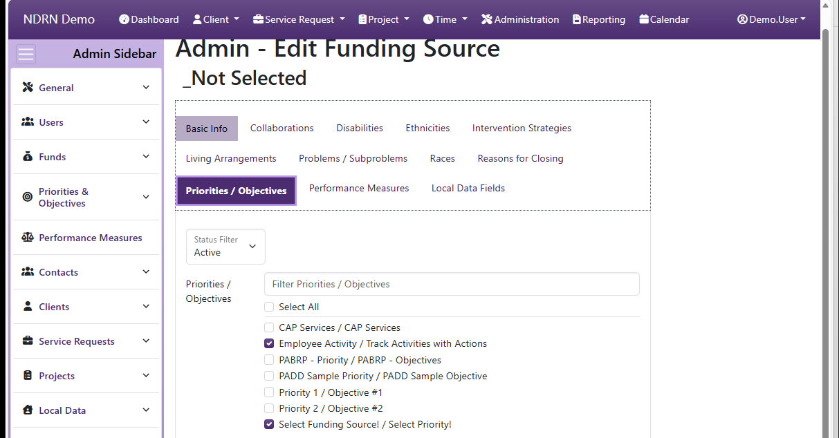 Screenshot of Funds Funding Sources Form Priorities & Objectives tab