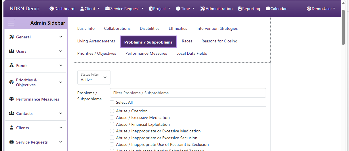 Screenshot of Funds Funding Sources Form Problems & Subproblems tab