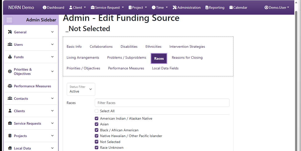 Screenshot of Funds Funding Sources Form Races tab
