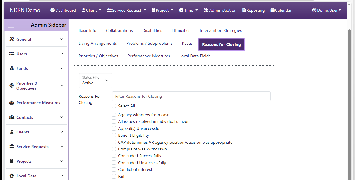 Screenshot of Funds Funding Sources Form Reasons for Closing tab