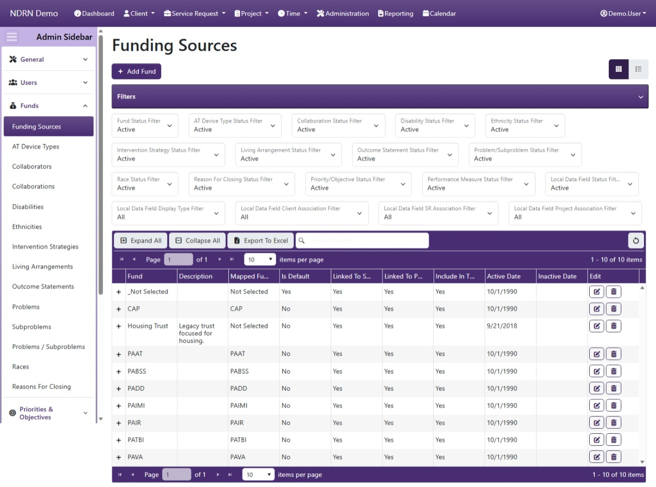Funding Sources admin page screenshot