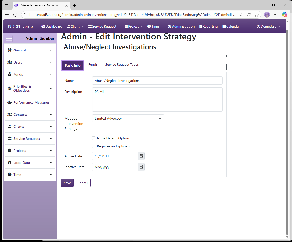 Screenshot of Funds Intervention Strategies Form Basic Info tab