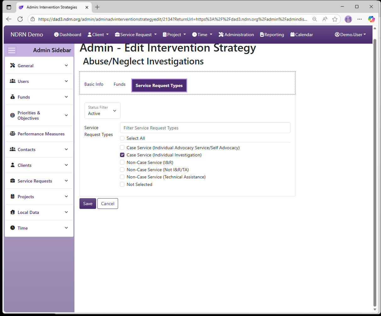 Screenshot of Funds Intervention Strategies Form Service Request Types tab
